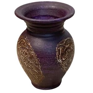 Vintage‎ Hand Painted Incised Floral DesignPottery Clay Vase